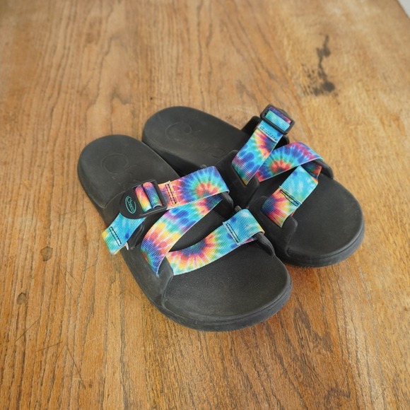Chaco Shoes - Chaco Chillos Slide Sandals Womens 9 Tie Dye Rainbow Adjustable Straps Black